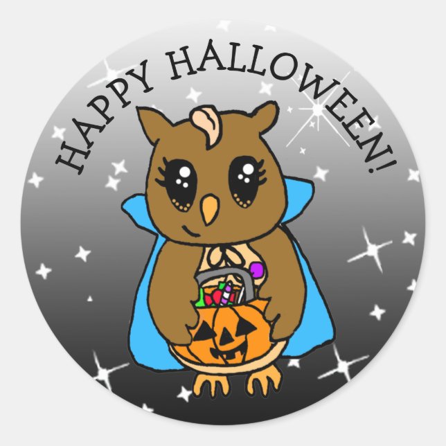 Happy Halloween Cute Whimsical Owl with Candy Classic Round Sticker (Front)