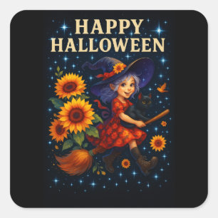 Happy Halloween Cute Witch Broomstick Stickers