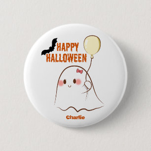 Happy Halloween Cutie Ghost Holding A Balloon Name 6 Cm Round Badge