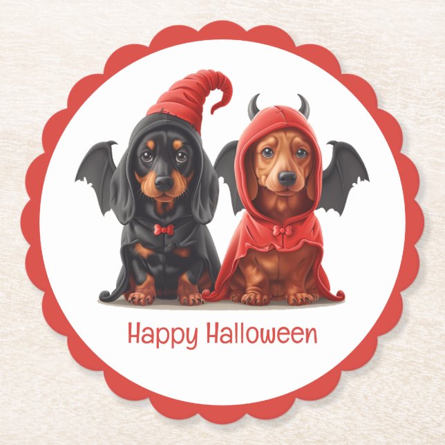 Happy Halloween Dachshund Dogs Devil Bat Paper Coaster (Front)