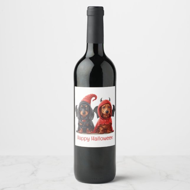 Happy Halloween Dachshund Dogs Devil Bat Wine Label (Front)