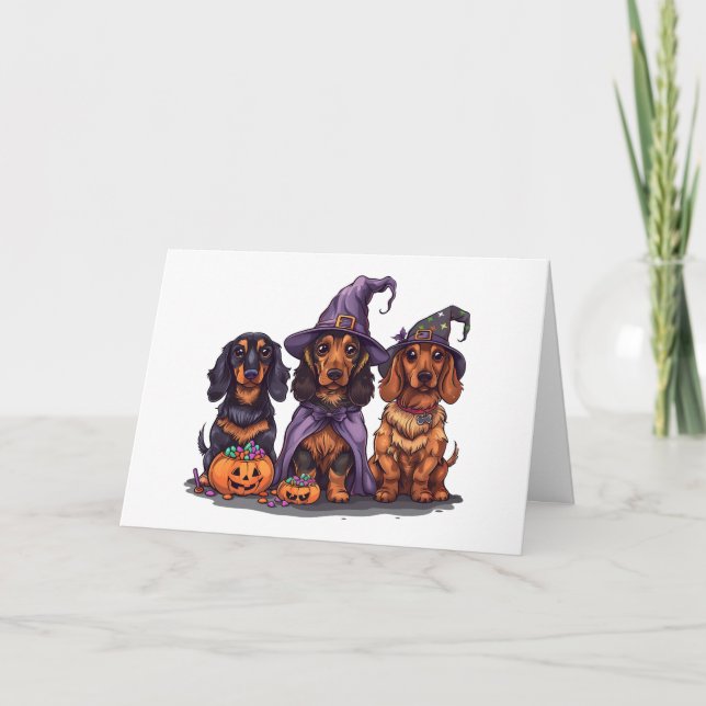 Happy Halloween Dachshund Witch Dogs Card (Front)