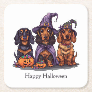 Happy Halloween Dachshund Witch Dogs Square Paper Coaster