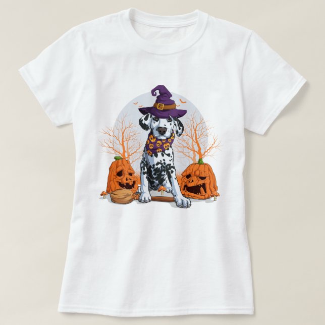 Happy Halloween | Dalmatian Witch Puppy Dog T-Shirt (Design Front)