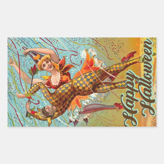 Happy Halloween Dancing Jester Masquerade Vintage Rectangular Sticker (Front)