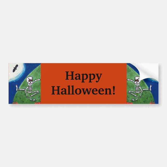 Happy Halloween Dancing silly Skeletons Moon Bats Bumper Sticker (Front)