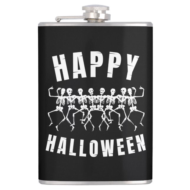 HAPPY HALLOWEEN DANCING SKELETONS HIP FLASK (Front)