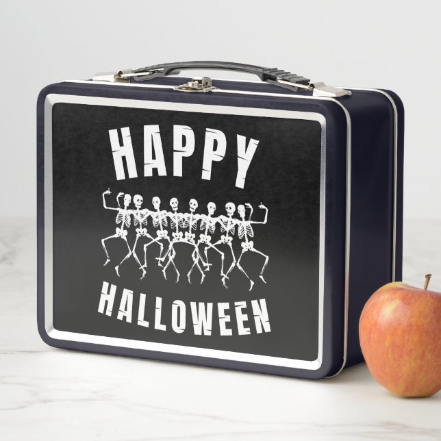 HAPPY HALLOWEEN DANCING SKELETONS METAL LUNCH BOX (In Situ)