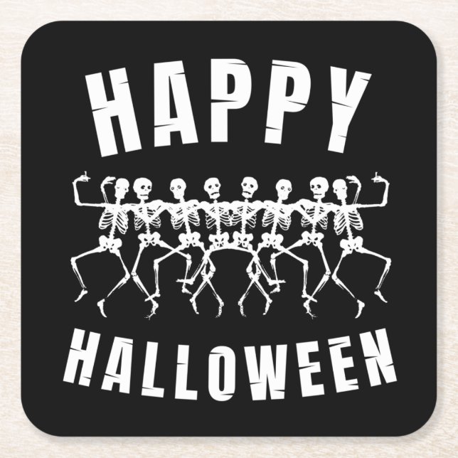 HAPPY HALLOWEEN DANCING SKELETONS SQUARE PAPER COASTER (Front)