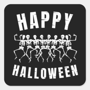 HAPPY HALLOWEEN DANCING SKELETONS SQUARE STICKER
