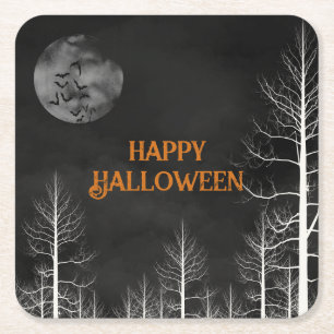 Happy Halloween Dark Woods Party Square Paper Coaster