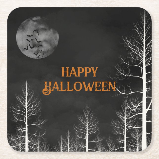 Happy Halloween Dark Woods Party Square Paper Coaster (Front)