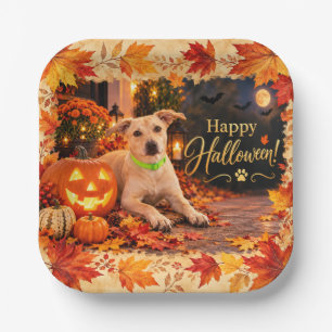 Happy Halloween Dog Pumpkin Autumn Leaves Paper Plate