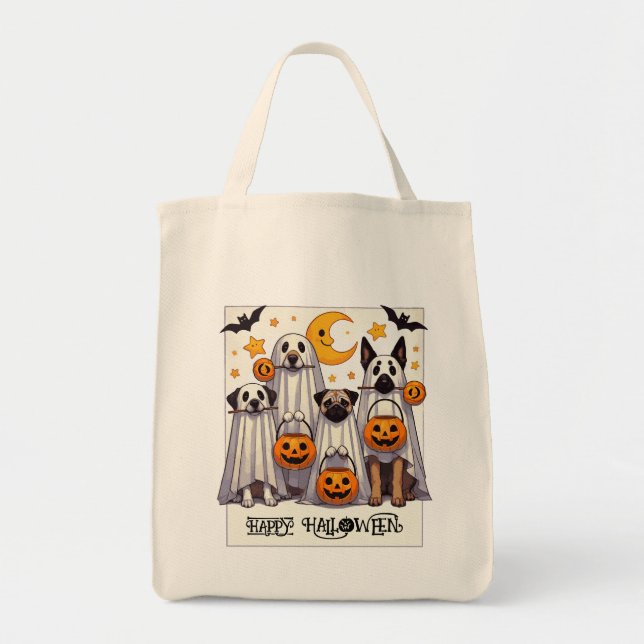 Happy Halloween Dogs in Ghost Costume Tote Bag (Front)