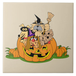 Happy Halloween Dogs In Pumpkin Ceramic Tile