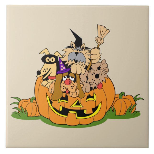 Happy Halloween Dogs In Pumpkin Ceramic Tile (Front)