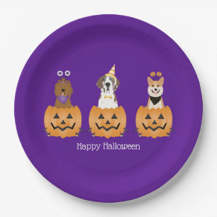 Happy Halloween Dogs In Pumpkins Paper Plate