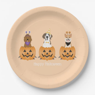 Happy Halloween Dogs In Pumpkins Paper Plate