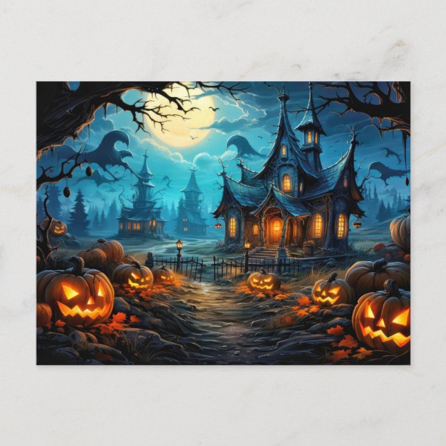 Happy Halloween Dreadful Haunted House & Pumpkins Postcard (Front)
