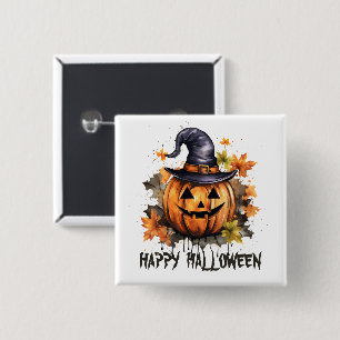 Happy Halloween Evil Grinning Pumpkin Art 15 Cm Square Badge