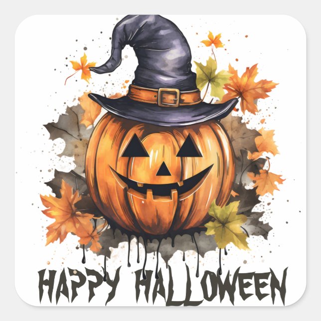 Happy Halloween Evil Grinning Pumpkin Art Square Sticker (Front)