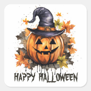 Happy Halloween Evil Grinning Pumpkin Art Square Sticker