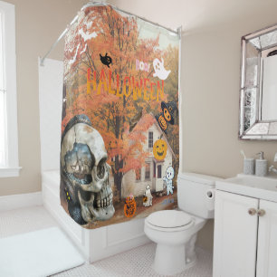 Happy Halloween fall cottage skull with ship  Shower Curtain