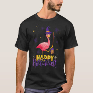 Happy Halloween Flamingo Witch Broomstick Hallowee T-Shirt