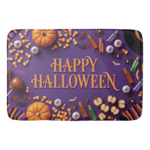 Happy Halloween Flat Lay Greeting on Purple Bath Mat