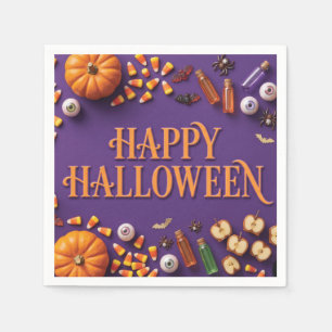 Happy Halloween Flat Lay Greeting on Purple Napkin