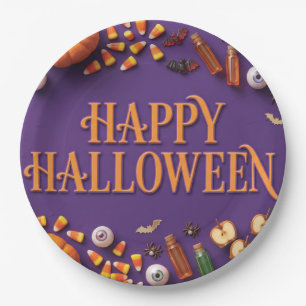 Happy Halloween Flat Lay Greeting on Purple Paper Plate