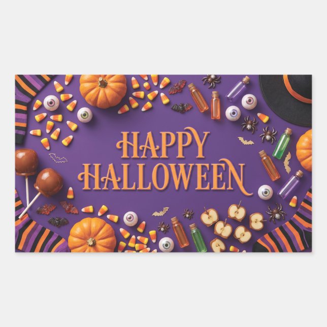 Happy Halloween Flat Lay Greeting on Purple  Rectangular Sticker (Front)