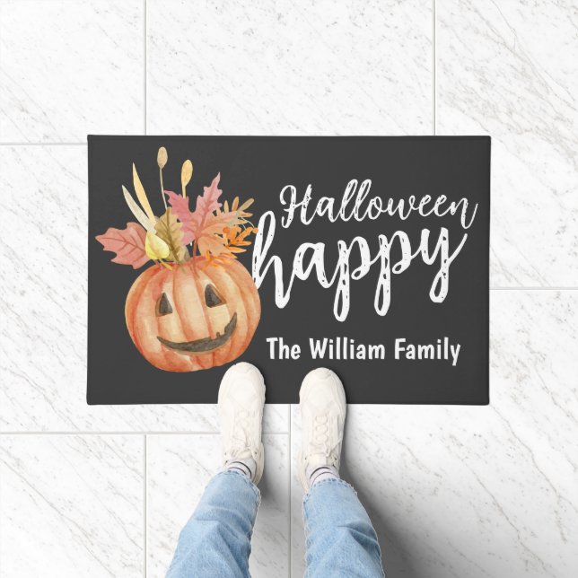 Happy Halloween Floral Pumpkin Personalised Doormat (Indoor)
