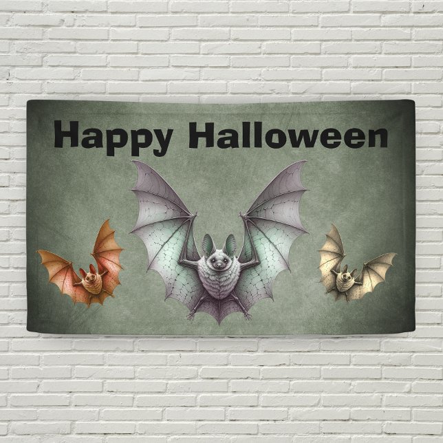 Happy Halloween Flying Creepy Bats Grunge Grey Banner (Flying creepy bats in grey, orange and yellow on shades of grey Happy Halloween banner decoration.)