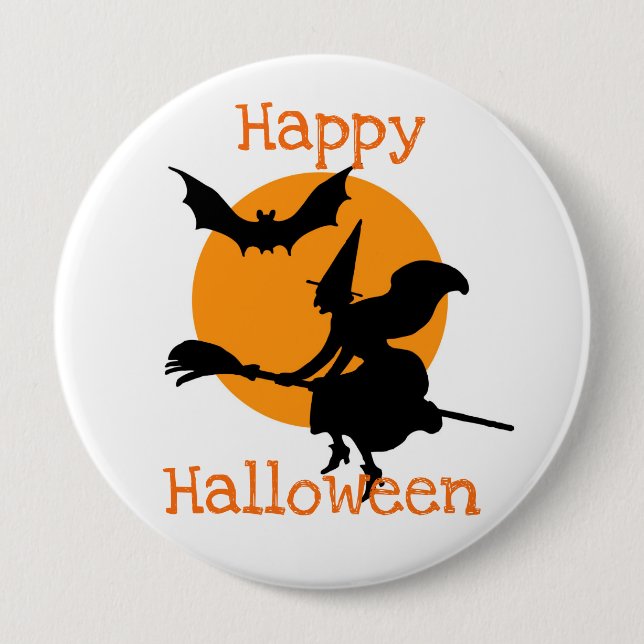 Happy Halloween Flying Witch and Bat 10 Cm Round Badge (Front)
