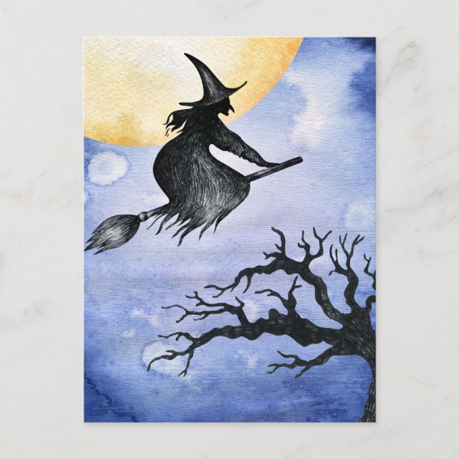 Happy Halloween Flying WItch Greeting Postcard (Front)