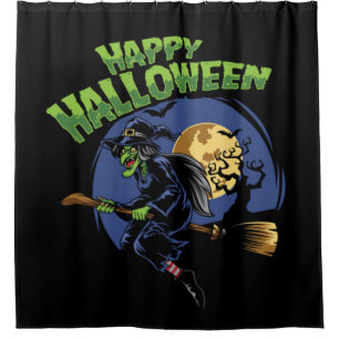 Happy Halloween Flying Witch Shower Curtain