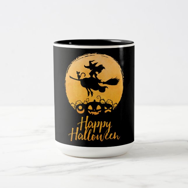 Happy Halloween Flying Witch Two-Tone Coffee Mug (Center)