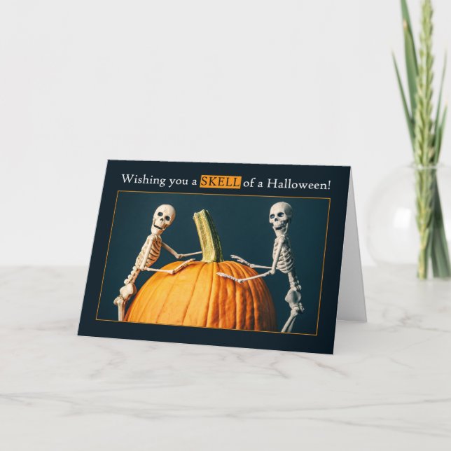Happy Halloween For Anyone Skeletons With Pumpkin  Holiday Card (Front)