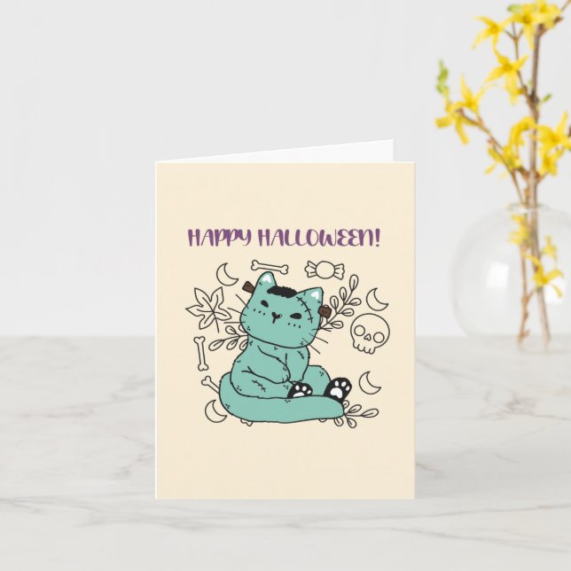 Happy Halloween Frankenstein Cat Card (Yellow Flower)