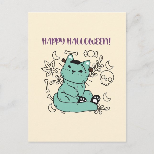 Happy Halloween Frankenstein Cat Postcard (Front)