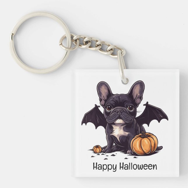 Happy Halloween French Bulldog Bat Wings Pumpkins Key Ring (Front)