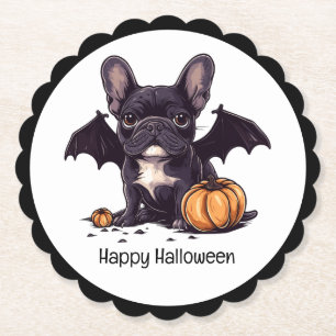 Happy Halloween French Bulldog Bat Wings Pumpkins Paper Coaster