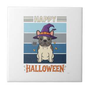 Happy Halloween French Bulldog Witch Spider Web Ca Ceramic Tile