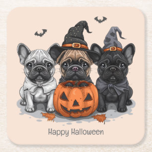 Happy Halloween French Bulldogs Square Paper Coaster