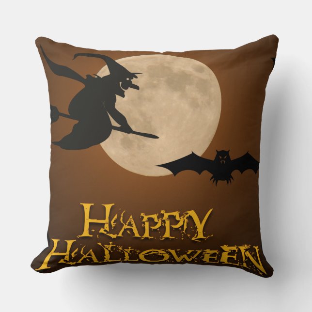 Happy Halloween; Full Moon and Witch Cushion (Front)