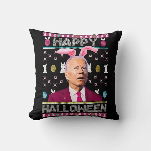 Happy Halloween Fun Bunny Joe Biden Confused Easte Cushion (Front)