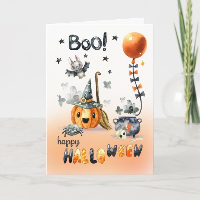 Happy Halloween. Fun Jack O'Lantern and Little Bat Card (Front)