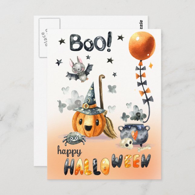 Happy Halloween. Fun Jack O'Lantern and Little Bat Postcard (Front/Back)
