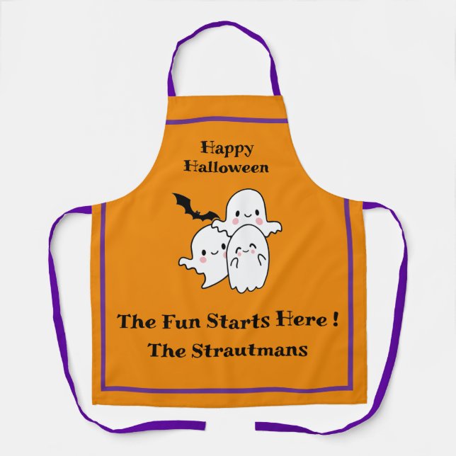 Happy Halloween Fun PERSONALIZE Ghost Bat Orange  Apron (Front)